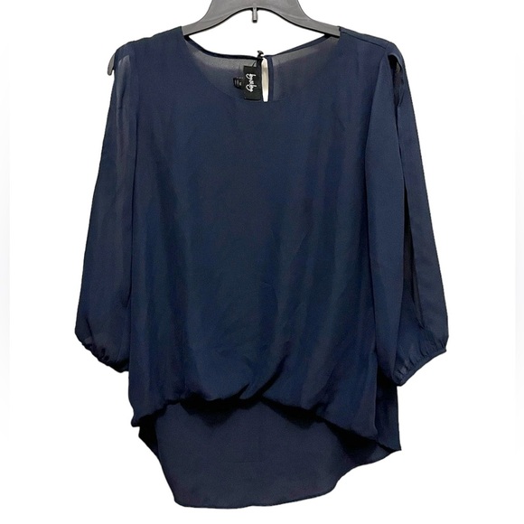 By & By Vintage 90’s Bubble Top Cold Shoulder Navy Blue Sheer Blouse - Picture 1 of 4